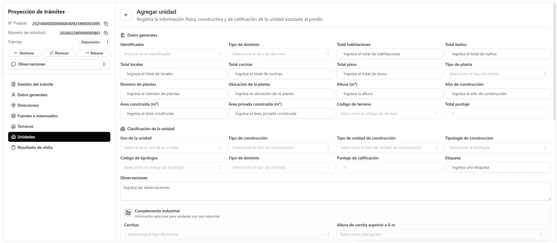 Formulario de MappStock para registrar la unidad de construcción de un predio